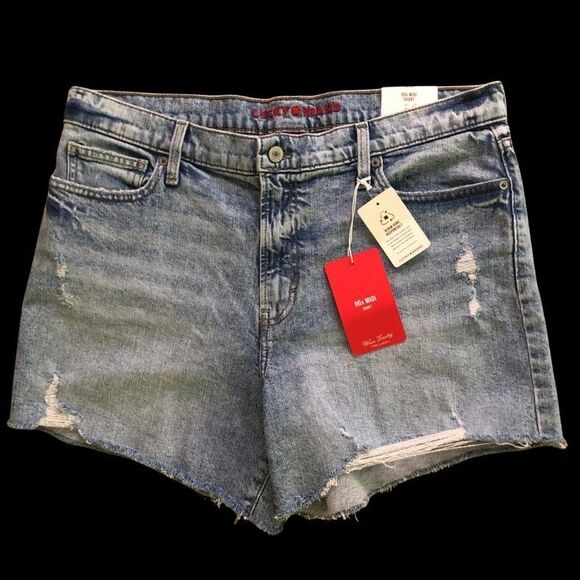 Lucky Brand 90s Midi Denim Shorts Womens 14/32 High Rise Distressed Cutoff NEW - Picture 2 of 14